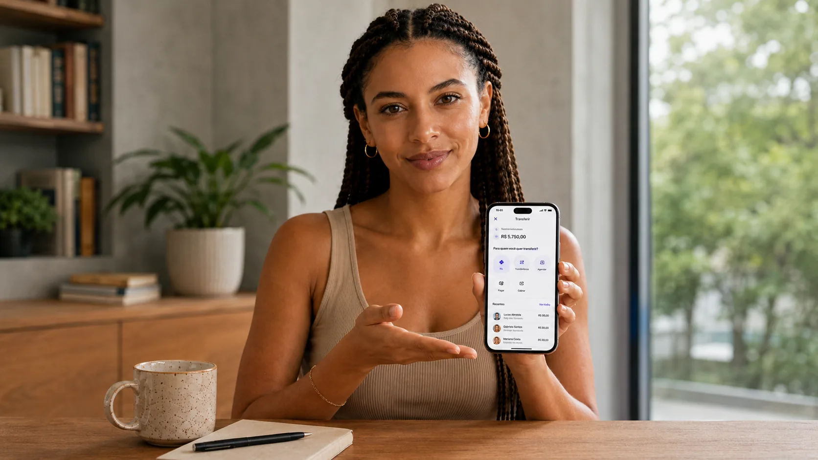 Pessoa mostrando o app com a tela de transferência, com Pix, transferência e agendamento